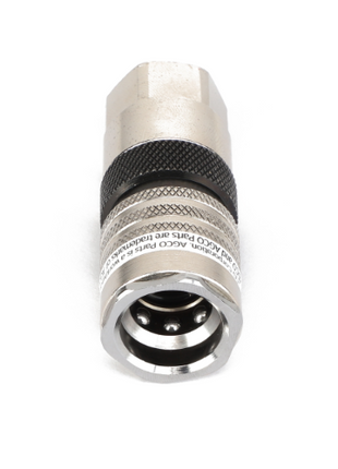 Close-up of an AGCO COUPLING - D49070057 metallic coaxial cable connector featuring a black grip ring and visible inner components, set against a white background. No current product description information is available.