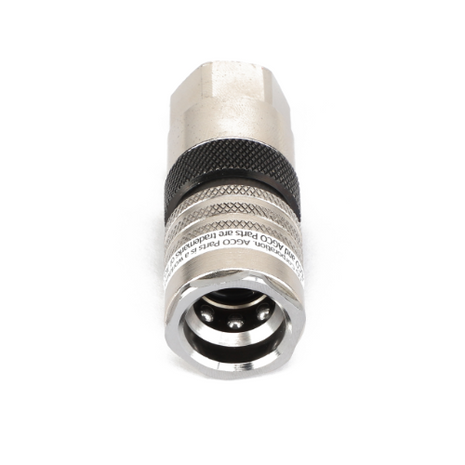 Close-up of an AGCO COUPLING - D49070057 metallic coaxial cable connector featuring a black grip ring and visible inner components, set against a white background. No current product description information is available.