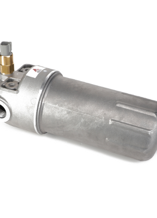 The AGCO | Hydraulic Filter Assembly - Acw1344920, a silver low-pressure filter housing that includes an attached valve and connector, is seen positioned horizontally on a white background. It is designed to reduce maintenance costs.