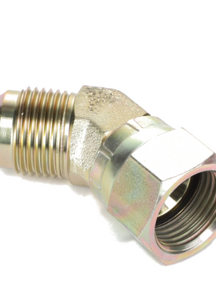 The AGCO ELBOW UNION - AL5027823 is a metal pipe fitting featuring a threaded end on one side and an angled joint culminating in a hexagonal nut end on the other. No current product description information is available.