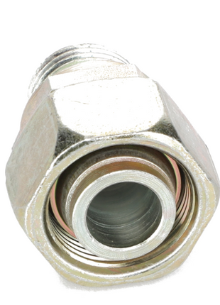 The AGCO ADAPTER - AL5027965, produced by AGCO, is a metallic hexagonal fitting with an inner circular opening, ideal for connecting pipes or tubes.