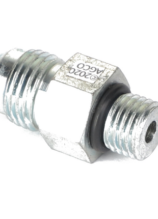 The AGCO adapter, model AG727362, is a metal hydraulic fitting featuring threaded ends and an O-ring seal in the middle. The item is marked with "G0200 ACCO," but there is no current product description available.