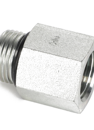 Introducing the AGCO | BUSH - AG133633, a high-quality silver metal hex-shaped pipe fitting by AGCO. This fitting features a threaded end and an open circular end, making it ideal for connecting two pipes or hoses. Detailed product description information is currently unavailable for further specifics.