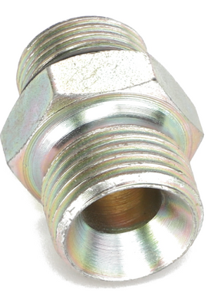 Close-up of the AGCO ADAPTER - ACP0426640, a metallic hexagonal threaded pipe fitting with a shiny finish. For product questions, please contact support.