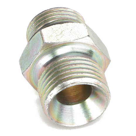 Close-up of the AGCO ADAPTER - ACP0426640, a metallic hexagonal threaded pipe fitting with a shiny finish. For product questions, please contact support.