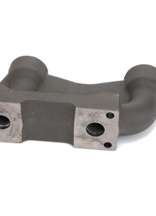 AGCO | Manifold Block - Acw2104710: A grey metal exhaust manifold with two cylindrical outputs and two mounting holes at the base, viewed on a white background.