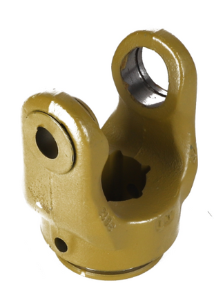 The AGCO | Fork - F650633070050 is a yellow metal mechanical part with a hole at the top, designed for connecting or coupling machinery components.
