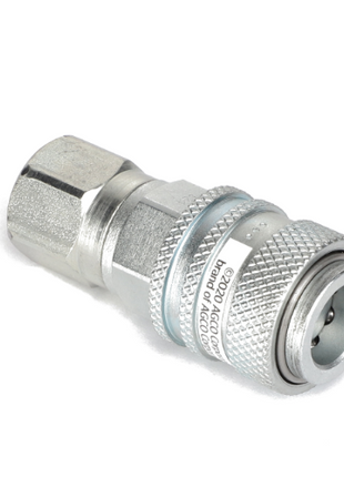 Close-up of a silver, textured metal hose fitting with a hexagonal nut and a threaded end, shown against a white background. This high-quality fitting, the AGCO | COUPLER - AG833317, is ideal for hydraulic systems and facilitates seamless integration with Eaton's FD90 Series diagnostic couplings.