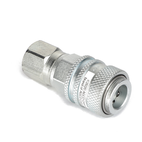 Close-up of a silver, textured metal hose fitting with a hexagonal nut and a threaded end, shown against a white background. This high-quality fitting, the AGCO | COUPLER - AG833317, is ideal for hydraulic systems and facilitates seamless integration with Eaton's FD90 Series diagnostic couplings.