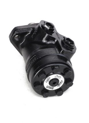 Close-up of a sleek black AGCO | Hydraulic Motor - Acw140774A with multiple bolts around a central labeled hub, resting against a plain white background.