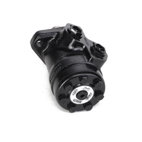 Close-up of a sleek black AGCO | Hydraulic Motor - Acw140774A with multiple bolts around a central labeled hub, resting against a plain white background.