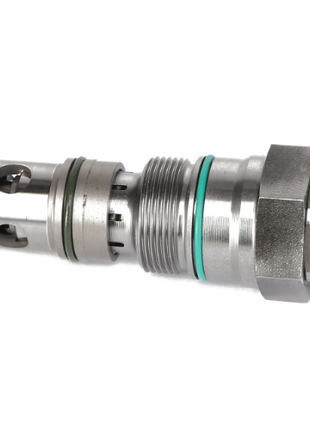 The AGCO | VALVE - AG722601 is a metallic hydraulic valve featuring threaded sections and green O-rings, showcased against a white background. Currently, no additional product description information is available.