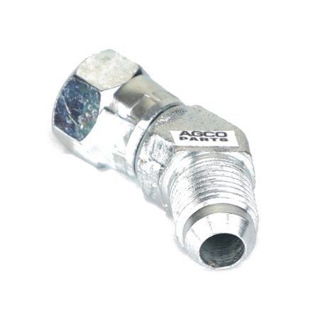 Close-up image of a silver metal hydraulic fitting with a hexagonal nut and threaded connector, labeled "AGCO | ELBOW FITTING - AG523227" from the brand AGCO. No current product description information is available.