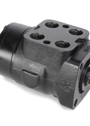 Close-up image of the AGCO | POWER STEERING - AG515768, a sleek black hydraulic steering control unit from AGCO, showcasing its multiple ports and cylindrical design.