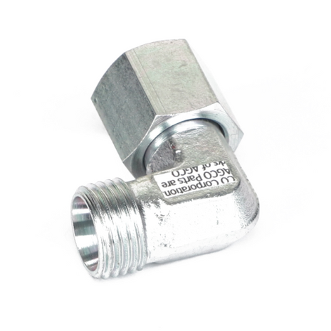 The AGCO Swivel Elbow Fitting - Acw1755100 is a metallic 90-degree elbow pipe fitting featuring labeled text on the side. It includes a male threaded end and a hexagonal nut on the female end. No additional product description information is currently available for further details.