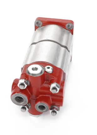 Introducing the AGCO | HYDRAULIC PUMP - D45162200 by AGCO, a red and silver hydraulic pump featuring visible bolts and ports, expertly crafted for fluid power applications.