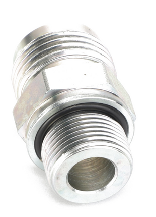 Close-up of the AGCO UNION - AL5027940, a metal plumbing fitting with male threads on both ends, featuring an integrated rubber gasket. No current product description information is available.