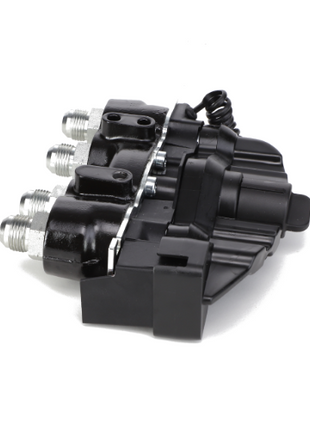 Close-up image of the AGCO Hydraulic Solenoid Valve Assembly, model MULTICOUPLING - AL5044990, featuring a black and metallic finish with three hydraulic ports and electrical connectors. No current product description information is available.