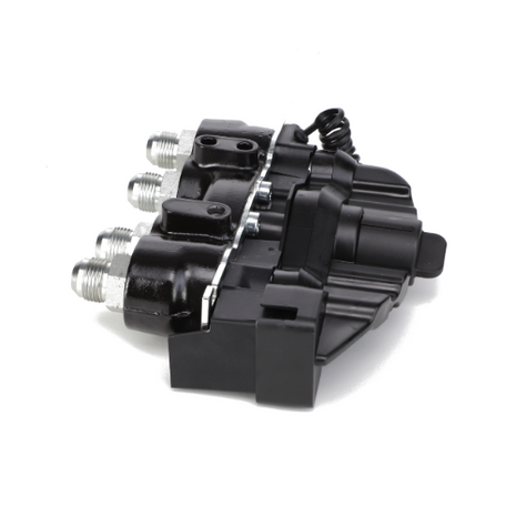 Close-up image of the AGCO Hydraulic Solenoid Valve Assembly, model MULTICOUPLING - AL5044990, featuring a black and metallic finish with three hydraulic ports and electrical connectors. No current product description information is available.