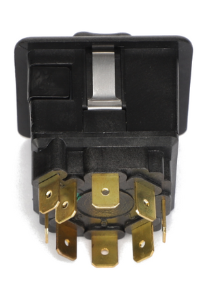 Close-up of the AGCO switch (F931970160110) in black, featuring detailed views of its metal contacts and connectors on the backside.