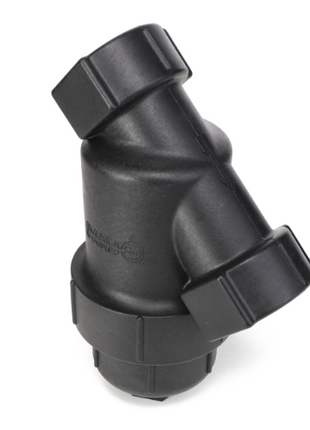 No current product description is available for the AGCO Strainer - Ag054731, a black plastic Y-strainer with threaded ends, set against a plain white background.