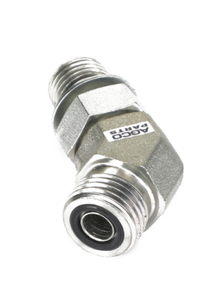 Close-up of a metallic elbow fitting with threaded ends, labeled "AGCO." The fitting, identified as the AGCO | ELBOW FITTING - CH148-8353, appears to be designed for connecting pipes or hoses in a mechanical system. No current product description information is available.