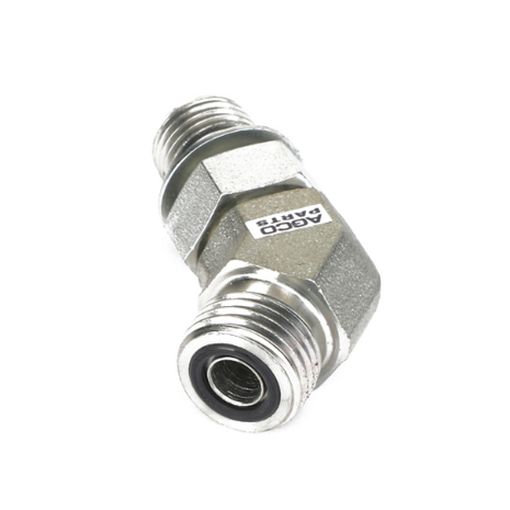 Close-up of a metallic elbow fitting with threaded ends, labeled "AGCO." The fitting, identified as the AGCO | ELBOW FITTING - CH148-8353, appears to be designed for connecting pipes or hoses in a mechanical system. No current product description information is available.