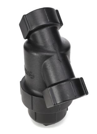 A black Y-shaped plastic valve with two connection points and a central axis. Product: AGCO Strainer - Ag053067 by AGCO. No current product description available.