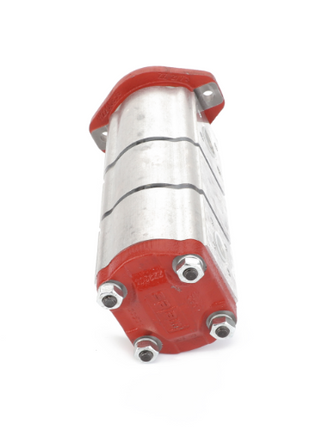 An AGCO | Pump - Acp0514510, a metallic hydraulic pump featuring a red top and bottom, secured by bolts. Current product description not available.