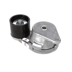 Introducing the AGCO | Belt Tensioner - Acw0425520: A sleek, metallic automotive component featuring a black pulley wheel, gray housing with an opening, and convenient mounting points.