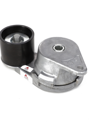 Introducing the AGCO | Belt Tensioner - Acw0425520: A sleek, metallic automotive component featuring a black pulley wheel, gray housing with an opening, and convenient mounting points.