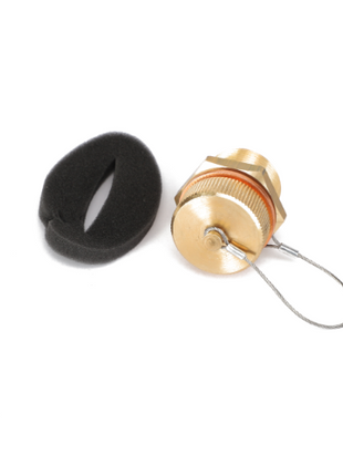 An AGCO Drain Plug - Acp0359320, featuring a brass safety vent with a secured metal wire, is positioned next to a black foam gasket. No current product description available.