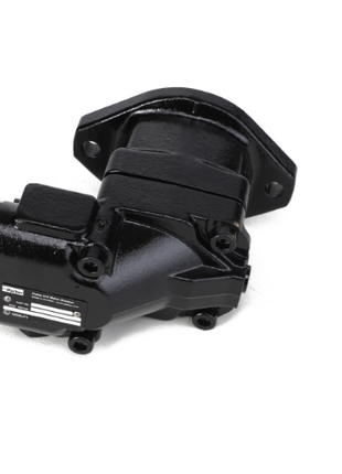 The AGCO Hydraulic Motor - Acp0007310, featuring a sleek black metal casing and a durable mounting bracket, is displayed against a stark white background.