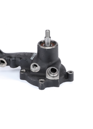 Close-up of a black AGCO Water Pump, Without Pulley - V836764206, featuring multiple openings and a vertical spindle, designed for optimal coolant flow and isolated on a white background. Renowned for its reliability and durability, this AGCO component ensures efficient performance.