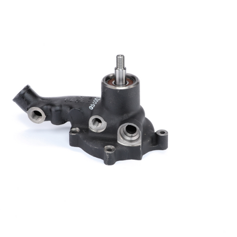 Close-up of a black AGCO Water Pump, Without Pulley - V836764206, featuring multiple openings and a vertical spindle, designed for optimal coolant flow and isolated on a white background. Renowned for its reliability and durability, this AGCO component ensures efficient performance.