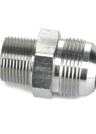 The AGCO ADAPTER - AG561295 is a metallic threaded pipe connector featuring a hexagonal section in the middle and cylindrical ends with conical threads. There is no current product description information available on additional specifications.