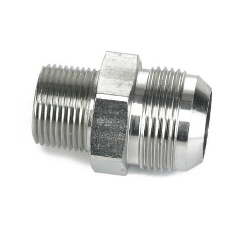 The AGCO ADAPTER - AG561295 is a metallic threaded pipe connector featuring a hexagonal section in the middle and cylindrical ends with conical threads. There is no current product description information available on additional specifications.