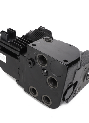 The AGCO Steering Box - Acw0435740, a robust black hydraulic valve block meticulously designed with multiple ports and connectors, is essential for optimal performance in fluid control systems.