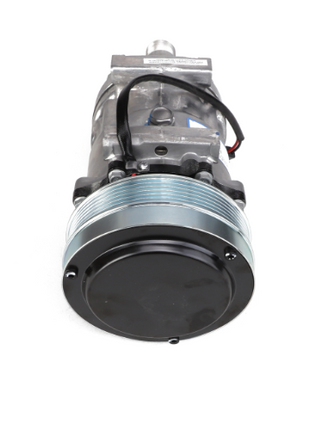 The AGCO Compressor Clutch - Acw0479310, a silver mechanical component likely intended for automotive use, is shown from the front with its cylindrical shape and multiple ridges prominently displayed against a pristine white background.