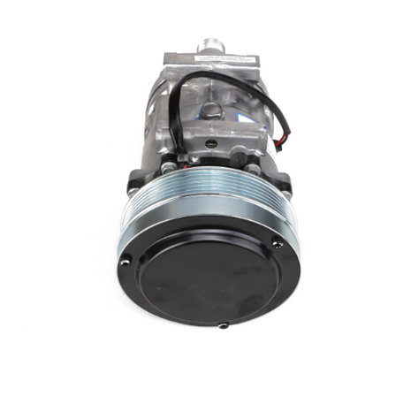 The AGCO Compressor Clutch - Acw0479310, a silver mechanical component likely intended for automotive use, is shown from the front with its cylindrical shape and multiple ridges prominently displayed against a pristine white background.