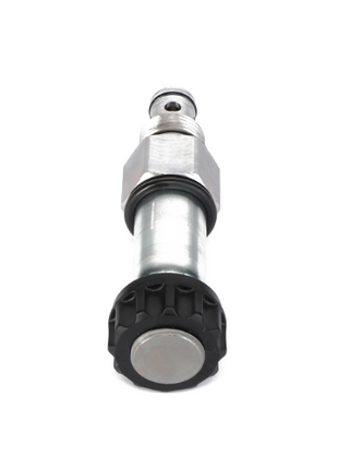 The AGCO VALVE - F931920102010 is a metal hydraulic valve featuring a hexagonal nut, cylindrical body, and a black circular base, all set against a white background. Currently, no additional product description information is available.