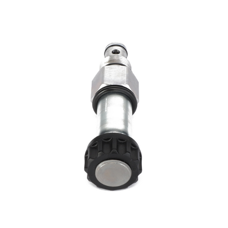 The AGCO VALVE - F931920102010 is a metal hydraulic valve featuring a hexagonal nut, cylindrical body, and a black circular base, all set against a white background. Currently, no additional product description information is available.