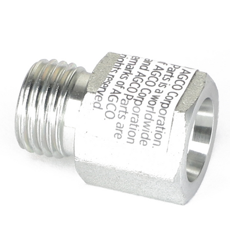 A close-up image of a metal hex nipple with threaded ends, clearly inscribed with text mentioning "AGCO". The product is named AGCO | ADAPTER FITTING - CH5P-9617.