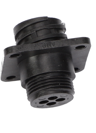 The AGCO | RECEPTACLE CONNECTOR - AG520072 by AGCO is a sleek black cylindrical connector with multiple pins, mounted on a durable rectangular base equipped with four screw holes.