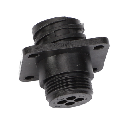 The AGCO | RECEPTACLE CONNECTOR - AG520072 by AGCO is a sleek black cylindrical connector with multiple pins, mounted on a durable rectangular base equipped with four screw holes.