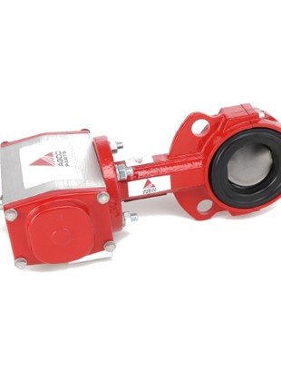 AGCO | BUTTERFLY VALVE - AG520374 by AGCO is a red and silver industrial valve featuring a black circular seal and a robust handwheel for manual operation.