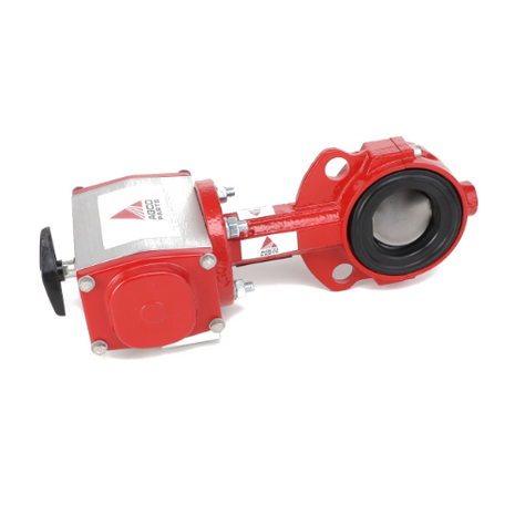 AGCO | BUTTERFLY VALVE - AG520374 by AGCO is a red and silver industrial valve featuring a black circular seal and a robust handwheel for manual operation.