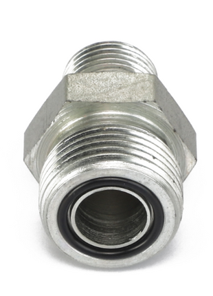 A close-up view of the AGCO | Connection - Acp0441650 metal threaded pipe fitting with a black O-ring seal, designed for connecting pipes.