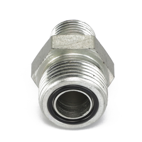 A close-up view of the AGCO | Connection - Acp0441650 metal threaded pipe fitting with a black O-ring seal, designed for connecting pipes.