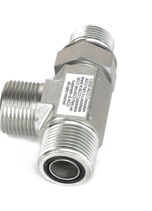 The AGCO T-Piece - Acw1965610 is a metal pipe fitting featuring a valve and two threaded ends, displayed against a white background. No current product description information is available.
